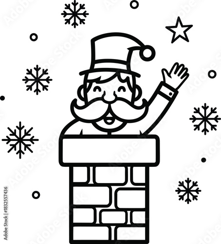 Cartoon Santa Claus waving from a brick chimney a cheerful black and white line art illustration.