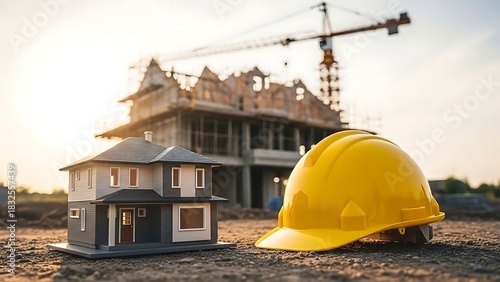 Concept Real estate and construction future. Model house, hard hat, and building site with crane under a sunset, symbolizing growth and investment