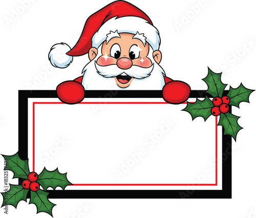 Cartoon Santa Claus with a white beard peeking over a blank sign decorated with holly.