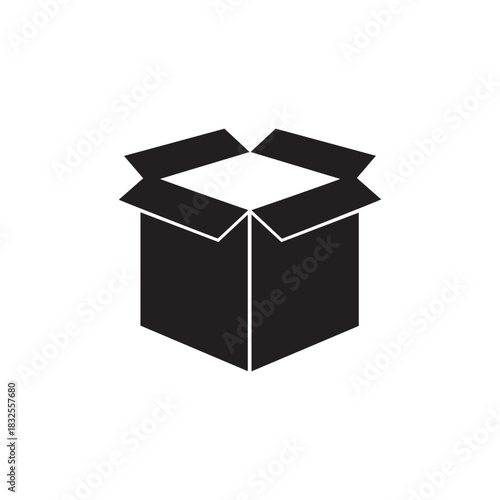 Illustration of an open cardboard box in black color silhouette