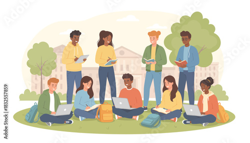 Group of diverse students studying together on campus lawn