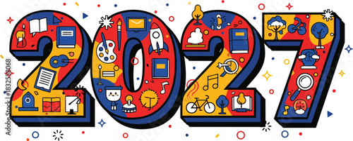 Colorful illustrated number 2027 with doodle icons representing education art science and lifestyle.