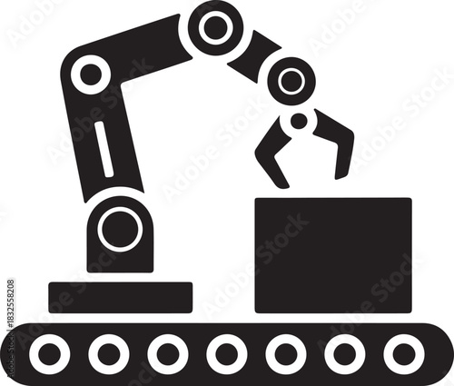 Robotic arm silhouette icon with conveyor belt industrial automation symbol vector illustration