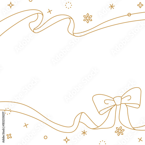 リボンのデコレーションフレーム、背景、雪の装飾、線画、正方形サイズ