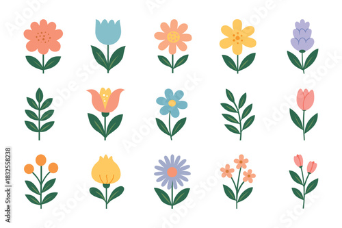 Colorful flat flower vector set, simple floral elements for spring nature decoration.