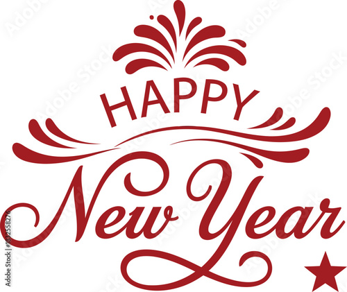 Elegant red Happy New Year typographic design with cursive script decorative flourishes and a star.