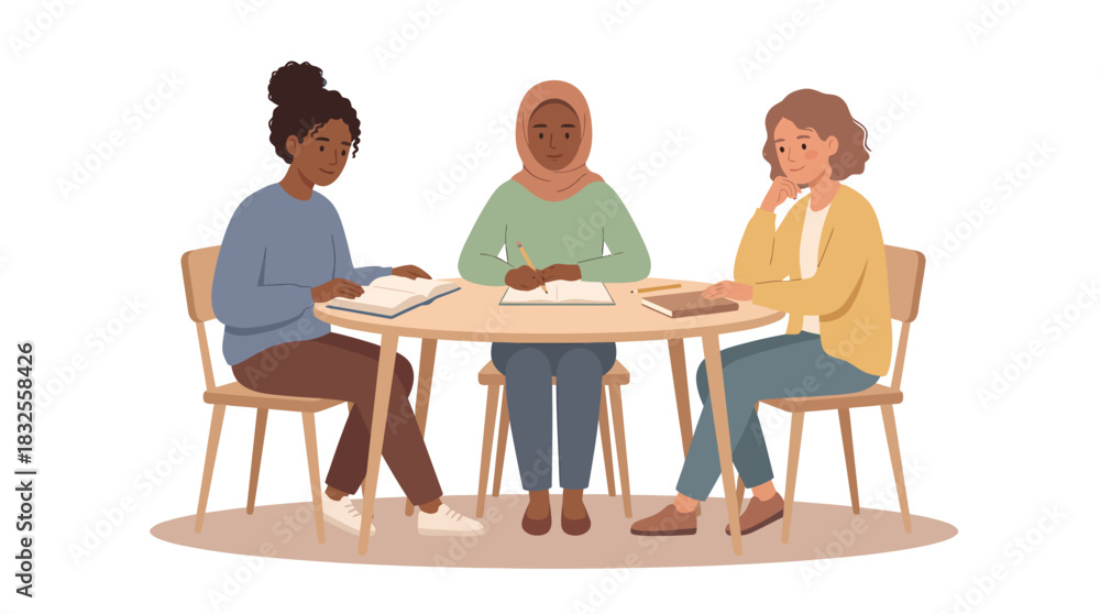 Fototapeta premium Diverse Women Collaborating Around a Table Education and Teamwork