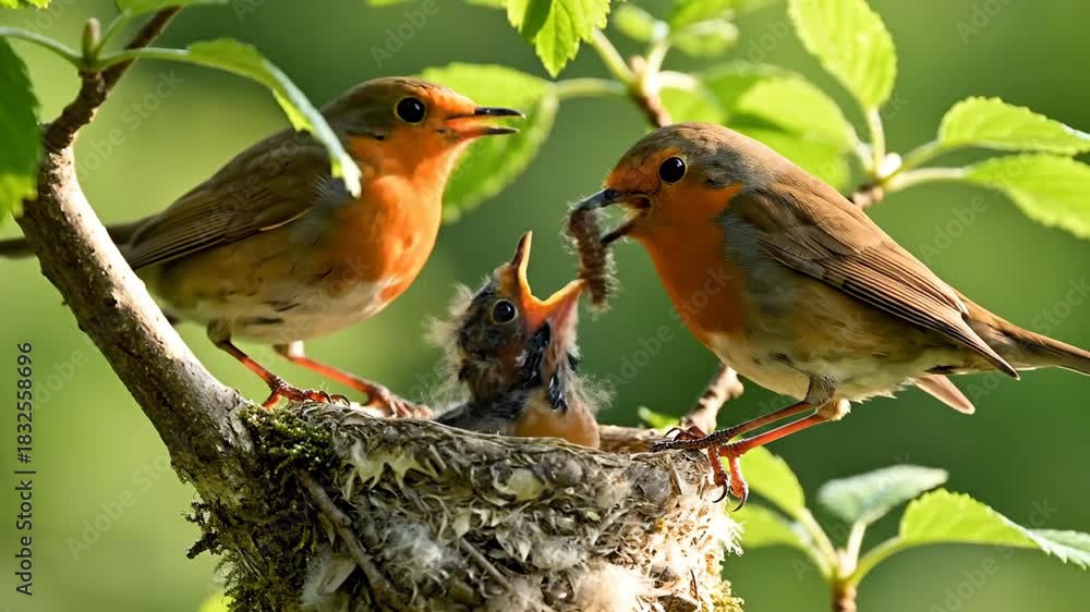 custom made wallpaper toronto digitalTwo parent birds feeding young chick caterpillar in nest natural green environment close up