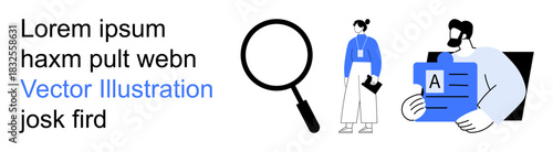 Business research, investigation, professionalism, data analysis, corporate tasks, paperwork organization. A magnifying glass and two individuals with documents. Business research and data analysis