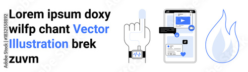 Social media, notifications, user interaction, mobile technology, communication, design elements. Finger interacting with wearable, phone with alerts blue flame. Social media and notifications