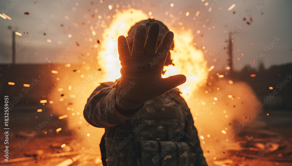 Fototapeta premium Brave soldier shielding from explosion showcases resilience and sacrifice theme