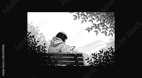 This serene monochrome illustration depicts a person deeply absorbed in reading on a secluded park bench, framed by dense trees and a picturesque mountain vista.