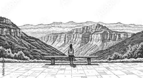 A lone figure sits contemplatively on a stone bench, admiring the breathtaking, expansive mountain range in a beautifully detailed monochrome illustration.