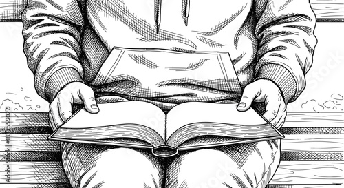 A hand-drawn black and white illustration depicts a person in a hoodie, sitting on a bench and reading an open book, symbolizing quiet study and knowledge.