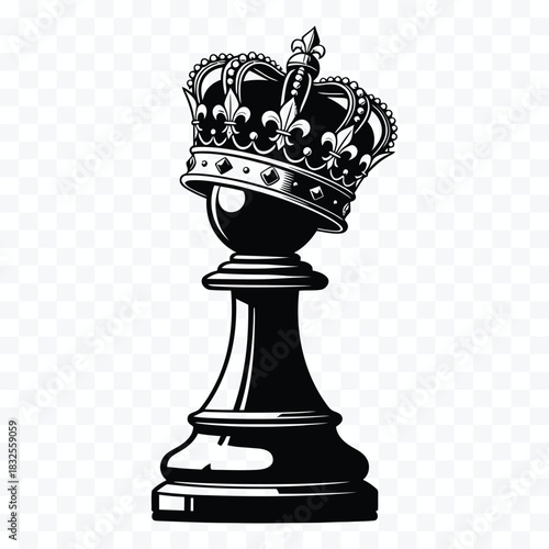 Black chess pawn piece with ornate crown on transparent background royalty
