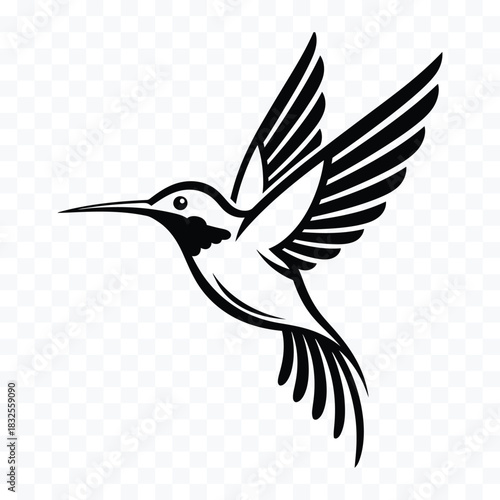 Black silhouette of a hummingbird in flight with wings spread and tail feathers fanned black and white