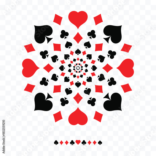 Red and black playing card suit symbols forming a circular mandala pattern on a checkered background