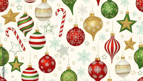 Festive Christmas pattern featuring ornaments, stars, and candy canes, perfect for holiday crafts, gift wrap, and winter celebrations with classic charm