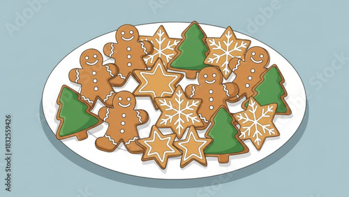 Festive gingerbread cookies and stars create a warm, cozy holiday scene, perfect for sharing Christmas joy and sweet treats during the season's greetings