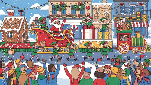 Santa Claus and elves in festive holiday parade bringing Christmas cheer to joyful crowd, celebrating the spirit of the season with music and happiness