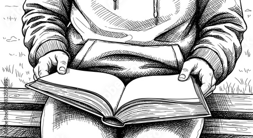 A young individual in a comfortable hoodie sits on a park bench, deeply engrossed in reading an open book, enjoying a moment of quiet contemplation.