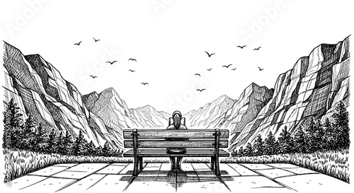 A solitary figure finds peace on a rustic park bench, gazing across a breathtaking mountain range under a sky filled with soaring birds.