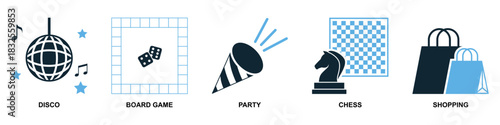 Set Entertainment Icon Vector Ideal for media interfaces, leisure apps, and arts promotion graphics. Symbolizes fun, culture, performance, and digital media.