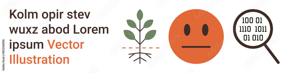 Fototapeta premium Sustainability, emotion analysis, data search, growth, coding, binary study. A plant with roots, neutral face and magnifying glass with binary code. Growth and sustainability related theme