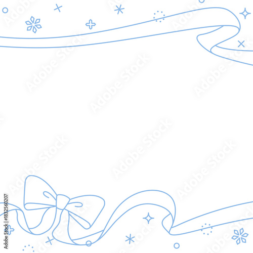 リボンのデコレーションフレーム、背景、雪の装飾、線画、正方形サイズ