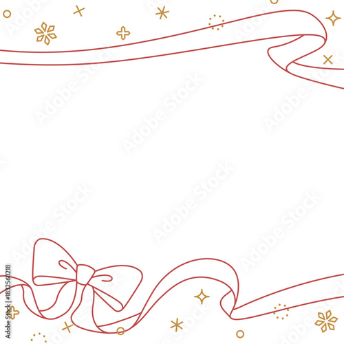 リボンのデコレーションフレーム、背景、雪の装飾、線画、正方形サイズ