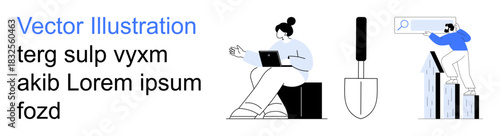 Business planning, digital tools, data analysis, creative work, online research, teamwork. A person working on a laptop, a shovel and a character on bars. Business planning and digital tools concept