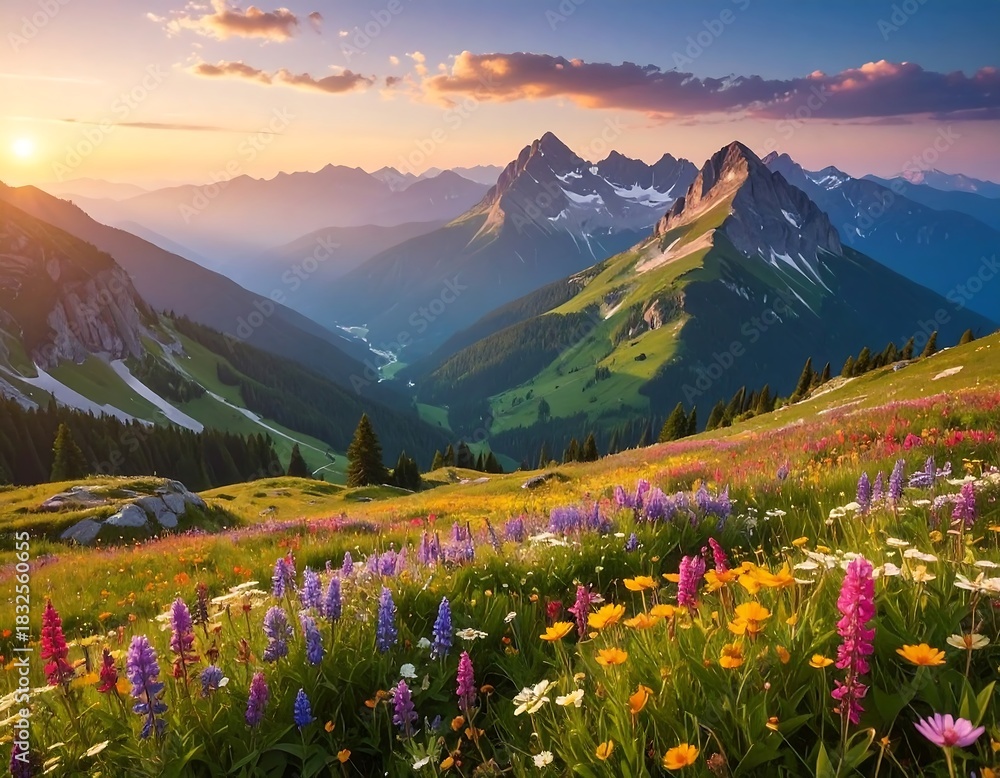 Fototapeta premium Scenic mountain valley bathed in sunset glow, wildflowers bloom