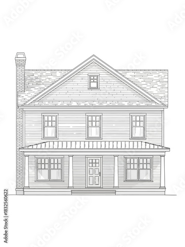 Detailed Line Art Illustration of a Classic TwoStory House with Porch.