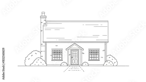 Line Art Illustration of a Cottage with Bushes and Chimney.