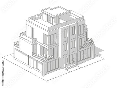 Isometric Architectural Rendering of Modern MultiStory Residential Building Design.