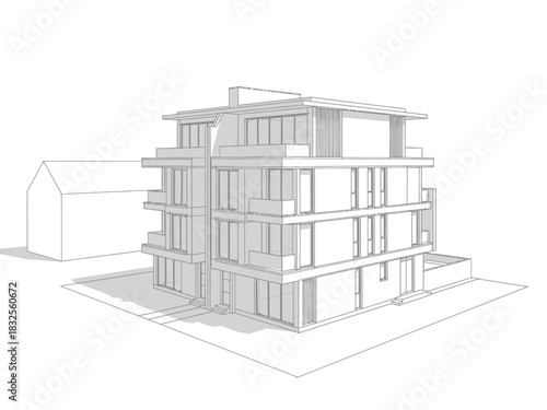 Modern Architectural Building Rendered in Line Art with Balconies and Windows.