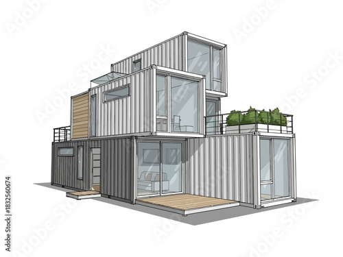 Modern Architectural Design MultiLevel Shipping Container Home Illustration.