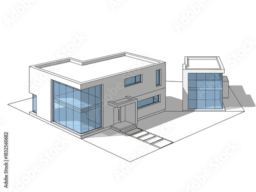 Modern Architectural Rendering of a Contemporary House with Glass Walls.
