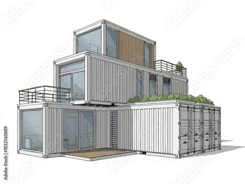 Modern Container Home Design with Balconies and Green Roof.