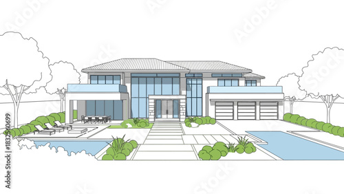 Modern House Sketch with Pool Landscaping and Large Windows.