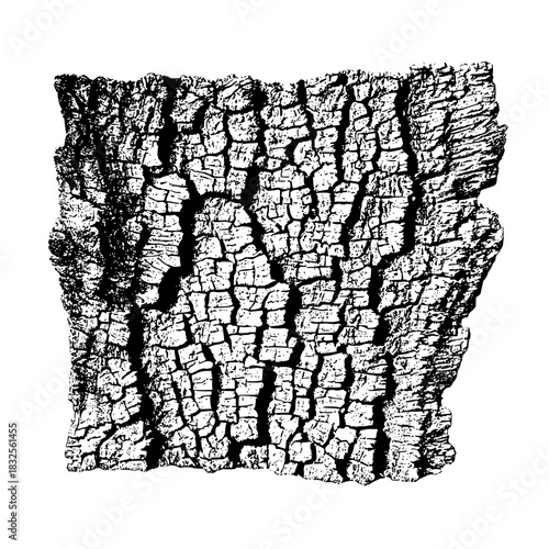 Detailed monochrome vector illustration of a tree bark texture, showcasing the intricate patterns and rough surface, isolated on