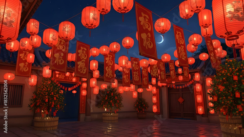 Festive Lunar New Year Celebration Red Lanterns and Decorations Illuminate the Night