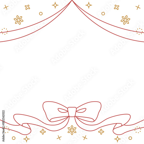 リボンのデコレーションフレーム、背景、雪の装飾、線画、正方形サイズ