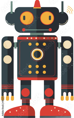 Flat design robot illustration with active antennas, retro technology style. isolated on transparent background