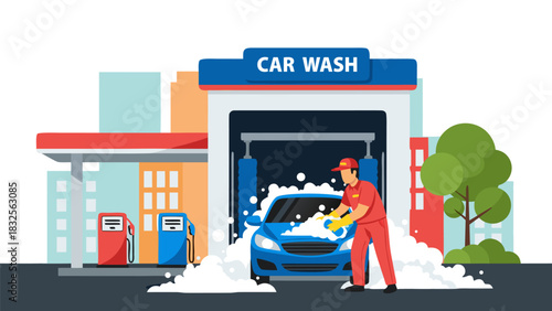 Professional Car Wash Service Station with Worker Cleaning Vehicle and Gas Pump Illustration