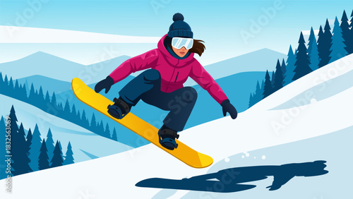 Dynamic vector illustration of a female snowboarder catching air on a snowy mountain, an exciting winter extreme sports adventure concept