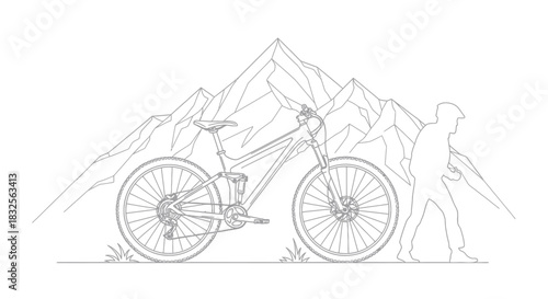 Minimalist Line Drawing of Mountain Landscape with Bicycle and Hiker Silhouette