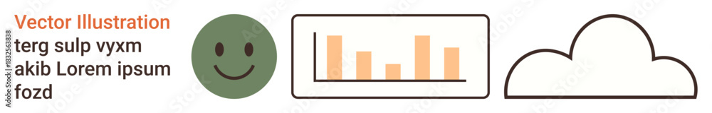 Fototapeta premium Emotions, data analysis, cloud storage, connectivity, abstract illustration, minimalist icons. happy face, bar chart and cloud outline in a clean layout. Emotions and data analysis concept