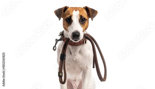 A small, short-haired dog with brown and white markings looks directly at the viewer, holding a leash in its mouth, isolated