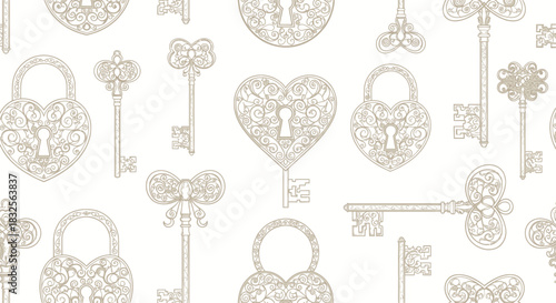Intricate Heart and Key Pattern with Vintage Style Locks and Keys for Romantic Decor